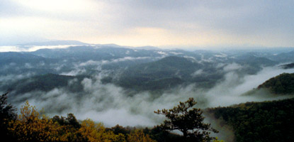 Fog hangs low in the Smokies valleys.