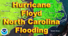 NOAA satellite images of before and after flooding in eastern North Carolina after Hurricane Floyd made landfall in September 1999.