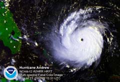 NOAA satellite image of Hurricane Andrew as it approached Florida on August 23, 1992.
