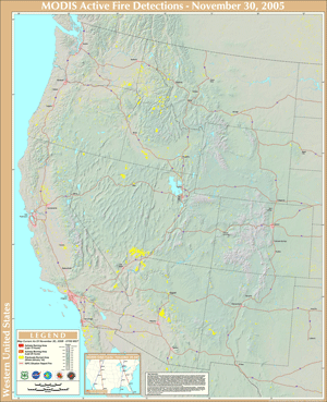 NASA MODIS image of western U.S. burned areas as of 30 November 2005