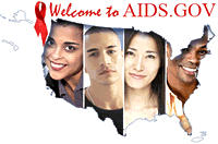 AIDS.gov - a red ribbon next to photos of 4 faces in a map of the United States of America