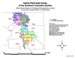 Seed zone map of Native Plant Seed Zones of the Southern Cascades Section, based on Ecological Subsections