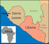 Map of West Africa showing location of Freetown, Sierra Leone