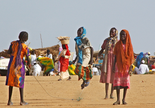 Sudanese displaced children skip rope at Abu Shouk camp, in north Darfur, Sudan, Wednesday Aug. 25, 2004, where more than 40,000 displaced people receive food and shelter from international aid agenci