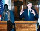 Deputy Secretary Zoellick and Minister Garang speaking to the press. [State Department photo]