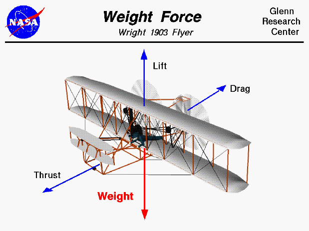 Computer drawing of the Wright 1903 aircraft showing the
 direction of the weight force.