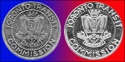 Graphic of real and counterfeit Canadian transit tokens