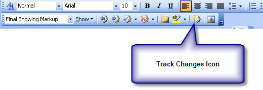 Graphic showing Reviewing tool bar with a callout box pointing to the Track Changes icon.