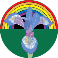 Graphic of an iris on a circular rainbow background.