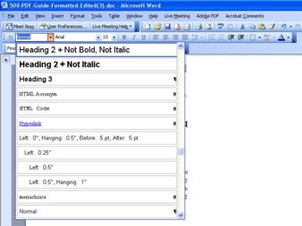 Graphic of Formatting tool bar displaying the format style choices from drop down menu.
