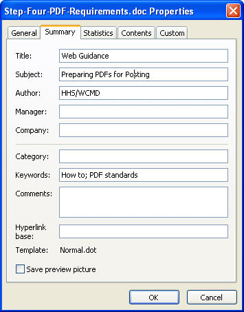 Graphic of Properties window, showing Summary tab and form.