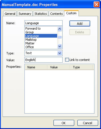 Graphic of Properties window, showing the Custom tab indicating where and how to select Language.