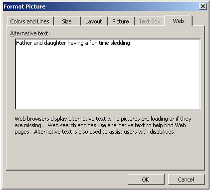 Graphic of Format Picture dialog box showing the Web tab indicating where to place alternative text for an image.