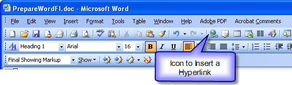 Graphic of the Standard Tool bar with a callout box pointing to the "Insert a Hyperlink" icon.