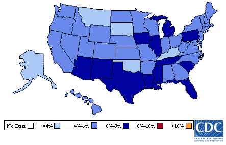 Image of U.S. map showing diabetes prevalence for 1995. A table that follows describes the information in detail.