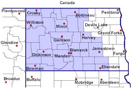 Map of North Dakota - click county to receive forecast