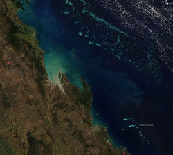 This MODIS image shows the location of coral bleaching at Heron Island within the Capricorn Bunker Group of Great Barrier Reef.
