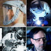 Images of workers wearing a face shield, a welding helmet, a pair of shaded goggles, and safety glasses