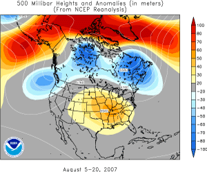 500 mb Height Anomaly during August 5-20, 2007