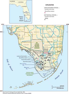 map showing location of discharge stations, rainfall stations, and structure locations