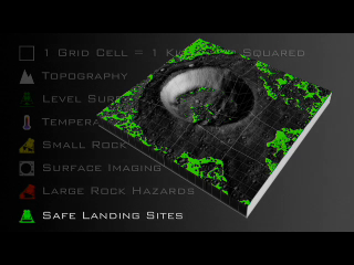 This short video feature describes how LRO's instruments are used collectively to scout for safe landing sites. The crater depicted in this animation is ficticious and only intended for illustrative purposes.<p><p>For complete transcript, click <a href='LRO_Safe_Landings_transcript.htm'>here</a>.