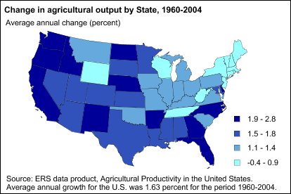 Average annual growth of agricultural output, by State, 1960-2004
