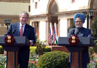 President George W. Bush and Prime Minister Manmohan Singh addressing a Joint Press Conference at Hyderabad House in New Delhi, March 2, 2006. State Department photo.