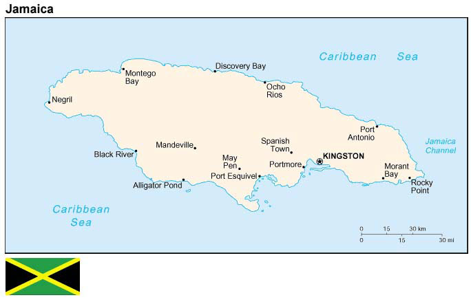 Map and flag of Jamaica.