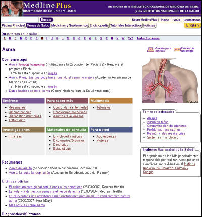Captura de pantalla de la página nueva del asma