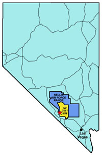 Yucca Mountain (red star) is located about 90 miles northwest of Las Vegas, Nevada in a dry desert environment along the western border of the Nevada Test Site (yellow) that is surrounded by the Nellis Air Force Range (blue).