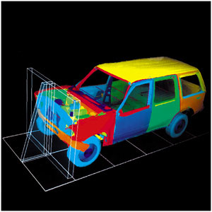 Computer simulation of a Ford Explorer crashing against a rigid barrier.