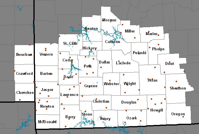 Map of the COOP Sites in Springfield MO CWA
