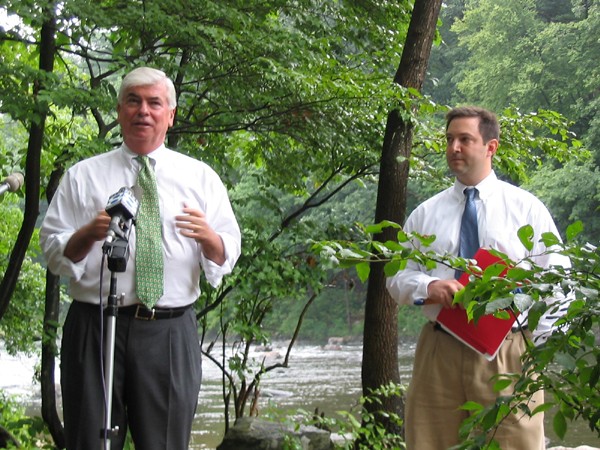 Image of Senator Dodd and FRWA President Eric Hammerling on the forested banks of the Farmington River. Photo courtesy Farmington River Watershed Association.