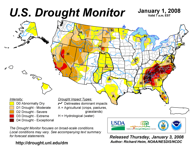 Map showing January 1, 2008 U.S. Drought Monitor