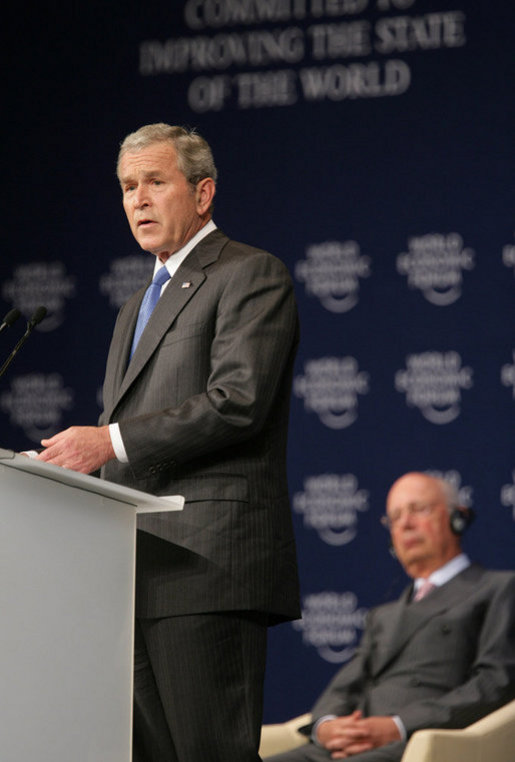 President George W. Bush speaks before the World Economic Forum on the Middle East Sunday, May 18, 2008, in Sharm El Sheikh, Egypt. The President told his audience, "I know these are trying times, but the future is in your hands –- and freedom and peace are within your grasp." White House photo by Chris Greenberg