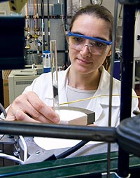 Postdoctoral researcher Stephanie Mucherie prepares to test a catalyst