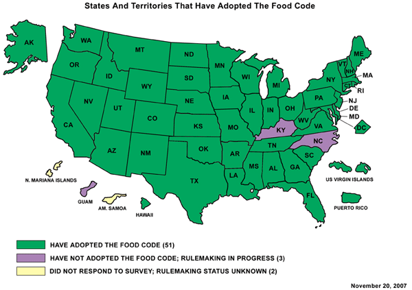 U.S. Map of States and Territories That Have Adopted The Food Code