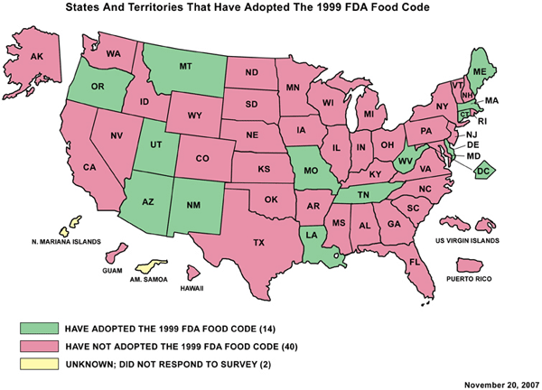 U.S. Map of States and Territories That Have Adopted The 1999 Food Code