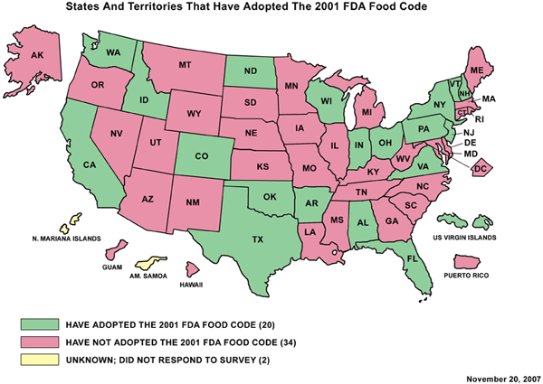 U.S. Map of States and Territories That Have Adopted The 2001 Food Code