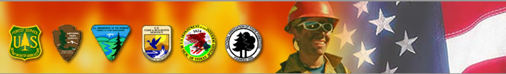 Website banner: flames, fire fighter and U.S. Flag with Forest Service, National Parks Service, Bureau of Land Management, Fish and Wildlife Service, Bureau of Indian Affairs and National Assoc. of State Forester shields linking to websites