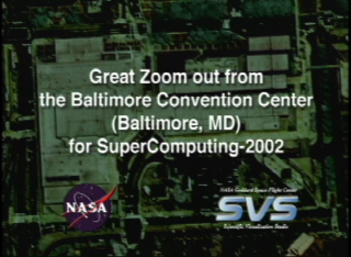 Slate title from video tape reads, 'Great Zoom out from the Baltimore Convention Center (Baltimore, MD) for SuperComputing 2002.'