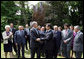 President George W. Bush and French President Nicolas Sarkozy shake hands following the unveiling of the Flamme de la Liberte sculpture Saturday, June 14, 2008, at the U.S. Ambassador's residence in Paris. White House photo by Shealah Craighead
