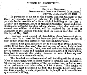 Notice to Architects (1890) From the 1st Report of Capitol Board of Managers