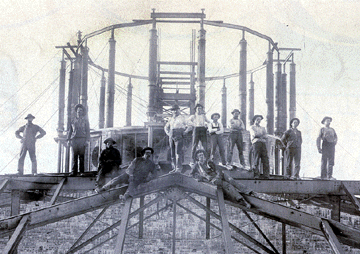 Workers building the dome of the Colorado State Capitol