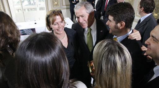 President George W. Bush speaks with young entrepreneurs following their roundtable meeting on business exchanges between the U.S. and Italy Thursday, June 12, 2008, at the Villa Aurelia in Rome. White House photo by Eric Draper