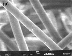 This scanning electron micrographs show virgin polypropylene fibers