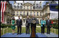 President George W. Bush thanks the members of the U.S. Mission in France and their families for their warm welcome Saturday, June 14, 2008, to the Ambassador's residence in Paris. White House photo by Eric Draper