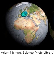 Picture of Earth showing if all Earth's water was put into a ball it would be less than 1,400 kilometers in diameter. 