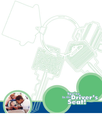 You're in the Driver's Seat! graphics with a photo of a couple with a baby in a child safety seat
