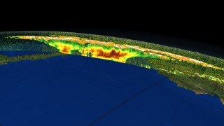 The curtain of both CloudSat and CALIPSO data is shown over Central and South America.